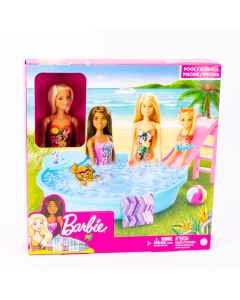 Muñeca Barbie con piscina y accesorios +3a