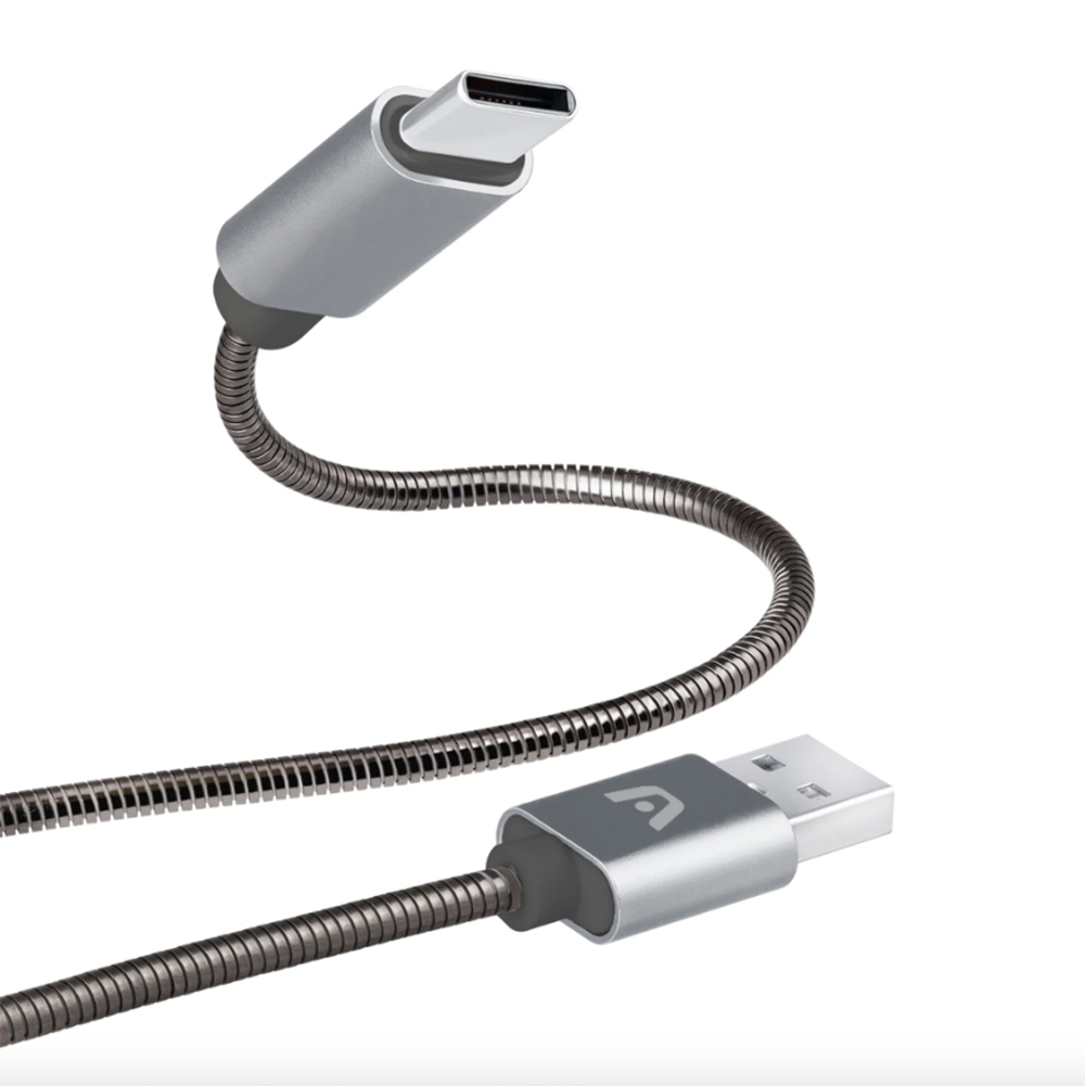 Cable tipo c a USB 2.0 dura spring trenzado metal plateado 1m