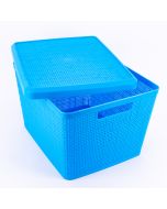 Cesta para almacenamiento plástica con tapa azul 34.5x28.8x23cm